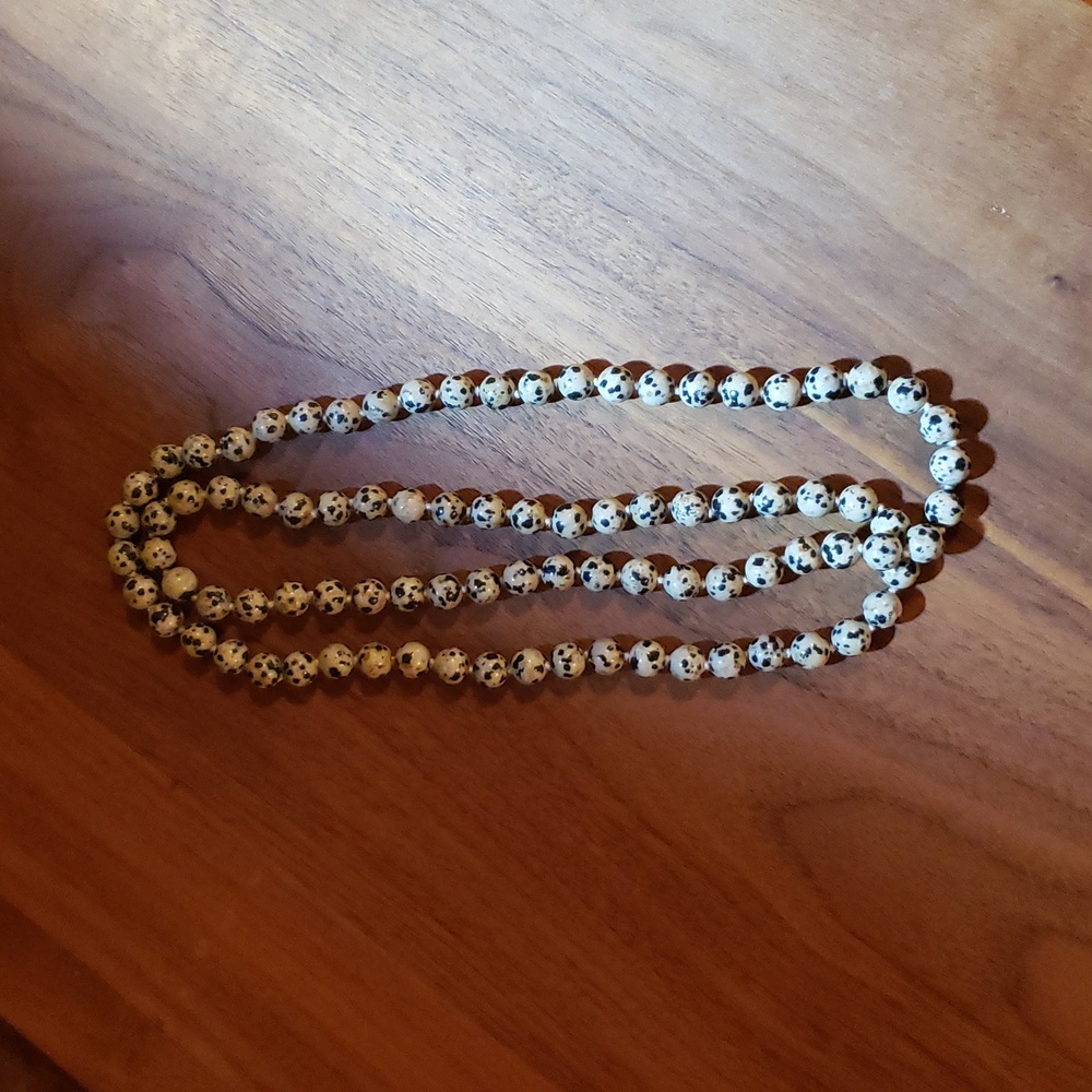 Black and Tan Dalmatian knotted necklace, 15" long (30" strand)